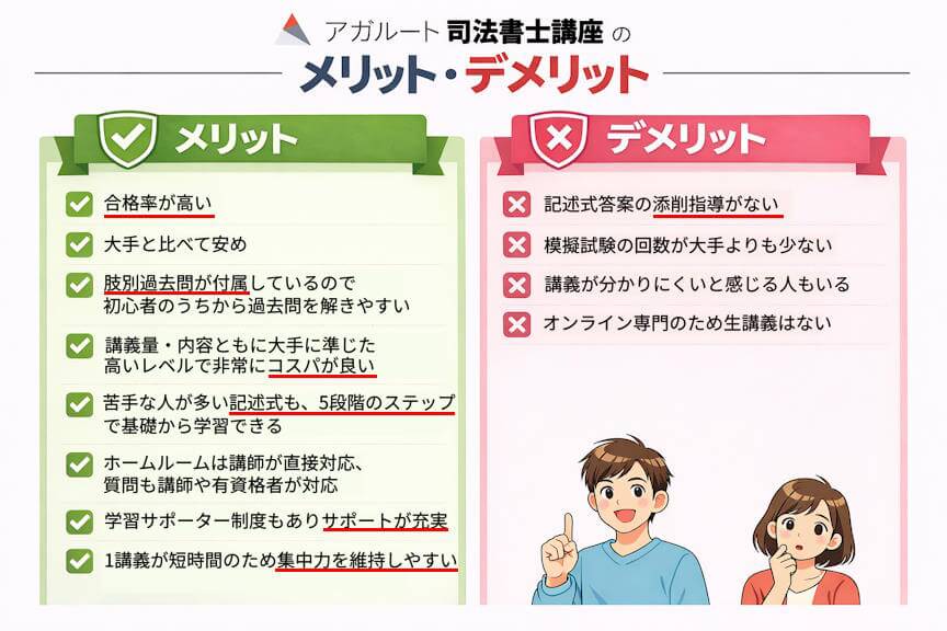 アガルート司法書士講座の・メリット合格率が高い大手と比べて安め肢別過去問が付属しているので初心者のうちから過去問を解きやすい講義量・内容ともに大手に準じた高いレベルで非常にコスパが良い苦手な人が多い記述式も、5段階のステップアップで基礎から学習できるホームルームは講師が直接対応、質問も講師や有資格者が対応学習サポーター制度もありサポートが充実 1講義が短時間のため勉強の集中力を維持しやすいアプリで講義動画のダウンロード可能・デメリット記述式答案の添削指導がない模擬試験の回数が大手よりも少ない講義が分かりにくいと感じる人もいるオンライン専門のため生講義はない
