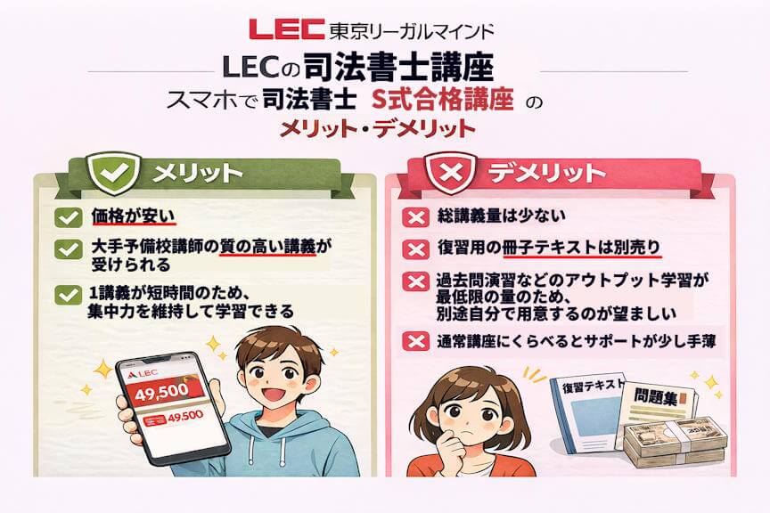 LECスマホで司法書士S式合格講座のメリット・デメリット、・メリット価格が安い大手予備校講師の質の高い講義が受けられる 1講義が短時間のため、集中力を維持して学習できる・デメリット総講義量は少ない復習用の冊子テキストは別売り過去問演習などのアウトプット学習が最低限の量のため、別途自分で用意するのが望ましい通常講座に比べるとサポートが少し手薄
