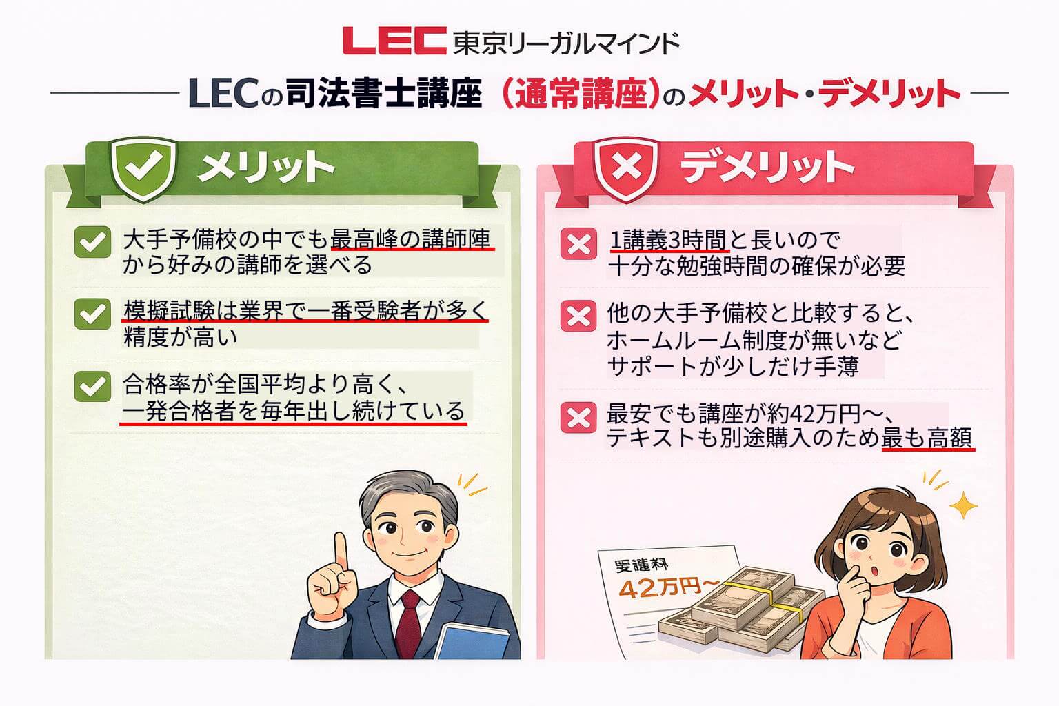 LEC司法書士講座（通常講座のメリットとデメリット・メリット大手予備校の中でも最高峰の講師陣から好みの講師を選べる模擬試験は業界で一番受験者が多く精度が高い合格率が全国平均より高く、一発合格者も毎年出し続けている・デメリット 1講義3時間と長いので十分な勉強時間の確保が必要他の大手予備校と比較すると、ホームルーム制度が無いなどサポートが少しだけ手薄最安でも講座が約42万円、テキストも別途購入のため最も高額 