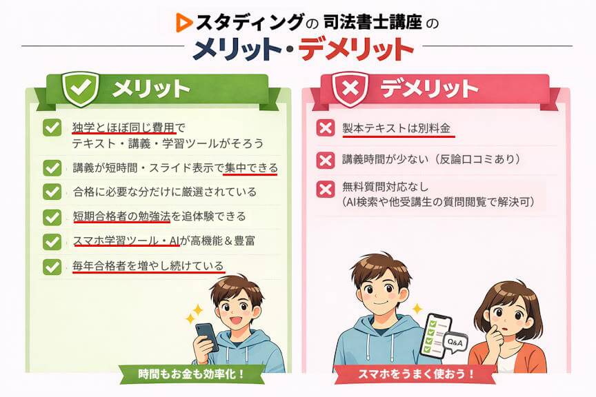 スタディング司法書士講座の・メリット独学とほぼ同じ費用でテキスト・講義・学習ツールが揃う講義が短時間・スライド表示で集中できる合格に必要な分だけに厳選されている短期合格者の勉強法を追体験できるスマホ学習ツール・AIが高機能&豊富毎年合格者を増やし続けている・デメリット製本テキストは別料金講義時間が少ない(反論口コミあり)無料質問対応なし(AI検索や他受講生の質問閲覧で解決可) スタディング司法書士講座の・メリット独学とほぼ同じ費用でテキスト・講義・学習ツールが揃う講義が短時間・スライド表示で集中できる合格に必要な分だけに厳選されている短期合格者の勉強法を追体験できるスマホ学習ツール・AIが高機能&豊富毎年合格者を増やし続けている・デメリット製本テキストは別料金講義時間が少ない(反論口コミあり)無料質問対応なし(AI検索や他受講生の質問閲覧で解決可)